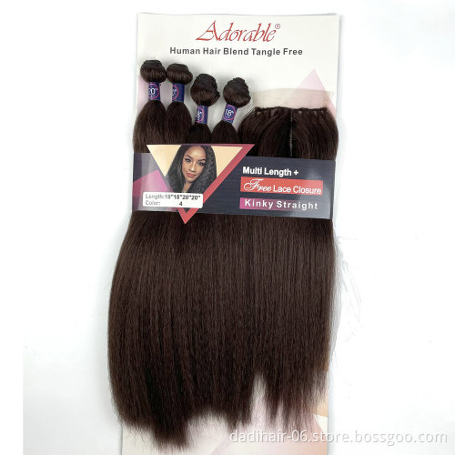 Packet synthetic Hair Extensions 4pcs Hair Bundles and a middle part lace closure One Pack Deal For Women Kinky Straight